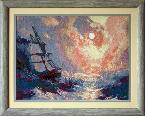 Картина  «Буря на море ночью»  ,   ручная работа,  вышивка. 